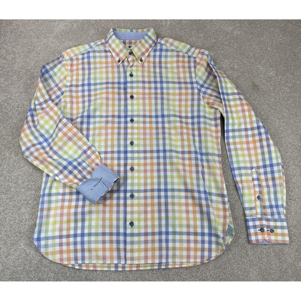 Hammer Made Italian Fabric Men L-XL /17 Dress Shirt Multicolor Plaid Long Sleeve